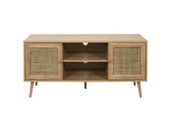 MAYA - Meuble TV 2 Portes Effet Bois Et Façades Rotin