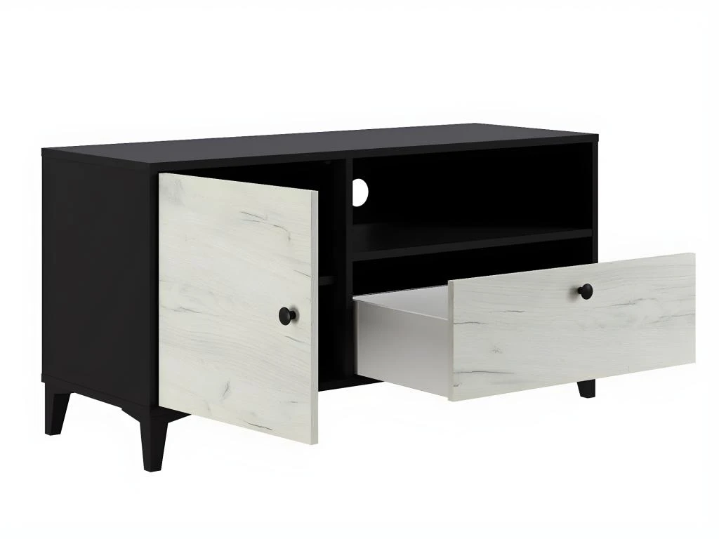 Meuble TV En Mélaminé Coloris Noir / Blanc - Longueur 110 X Profondeur 40 X Hauteur 55 Cm 2 Meuble TV En Mélaminé Coloris Noir / Blanc - Longueur 110 X Profondeur 40 X Hauteur 55 Cm – Image 2