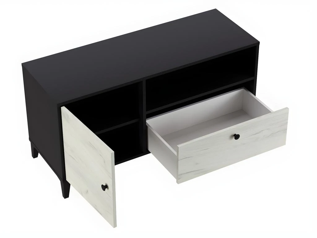 Meuble TV En Mélaminé Coloris Noir / Blanc - Longueur 110 X Profondeur 40 X Hauteur 55 Cm 3 Meuble TV En Mélaminé Coloris Noir / Blanc - Longueur 110 X Profondeur 40 X Hauteur 55 Cm – Image 3