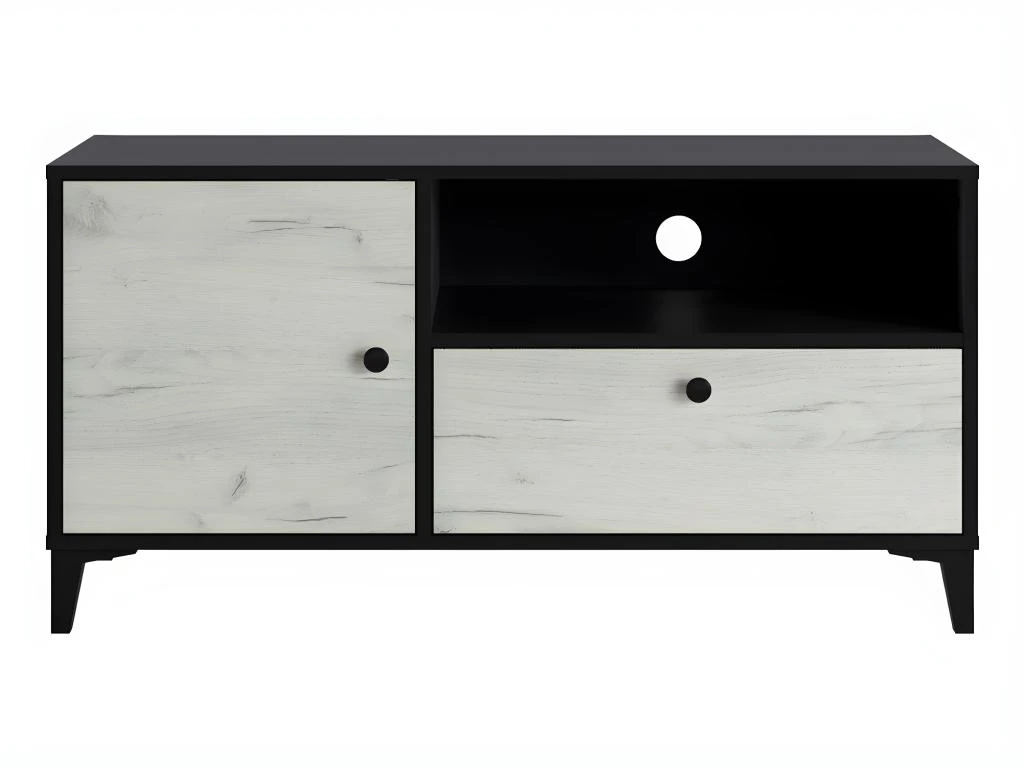 Meuble TV En Mélaminé Coloris Noir / Blanc - Longueur 110 X Profondeur 40 X Hauteur 55 Cm 4 Meuble TV En Mélaminé Coloris Noir / Blanc - Longueur 110 X Profondeur 40 X Hauteur 55 Cm – Image 4