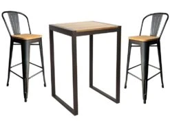 NEVADA - Ensemble Table Et Chaises Haut En Acier Et Bois Massif