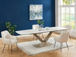 Table à Manger Extensible 6 à 10 Couverts En Céramique Et Métal - Effet Marbre Blanc Et Beige - MALATA De Pascal MORABITO