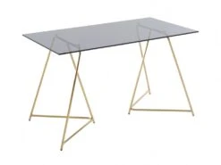 Table à Manger 4 Couverts En Verre Trempé Et Acier Inoxydable - Gris Et Doré - VABOLI