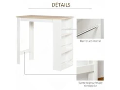HOMCOM Table De Bar Table Haute De Cuisine Mange-debout Comptoir - Dim. 112L X 57l X 106H Cm - 3 étagères - Panneaux De Particules - Aspect Chêne Clair Blanc -Deco.fr Soldes Boutique table a manger 12624145