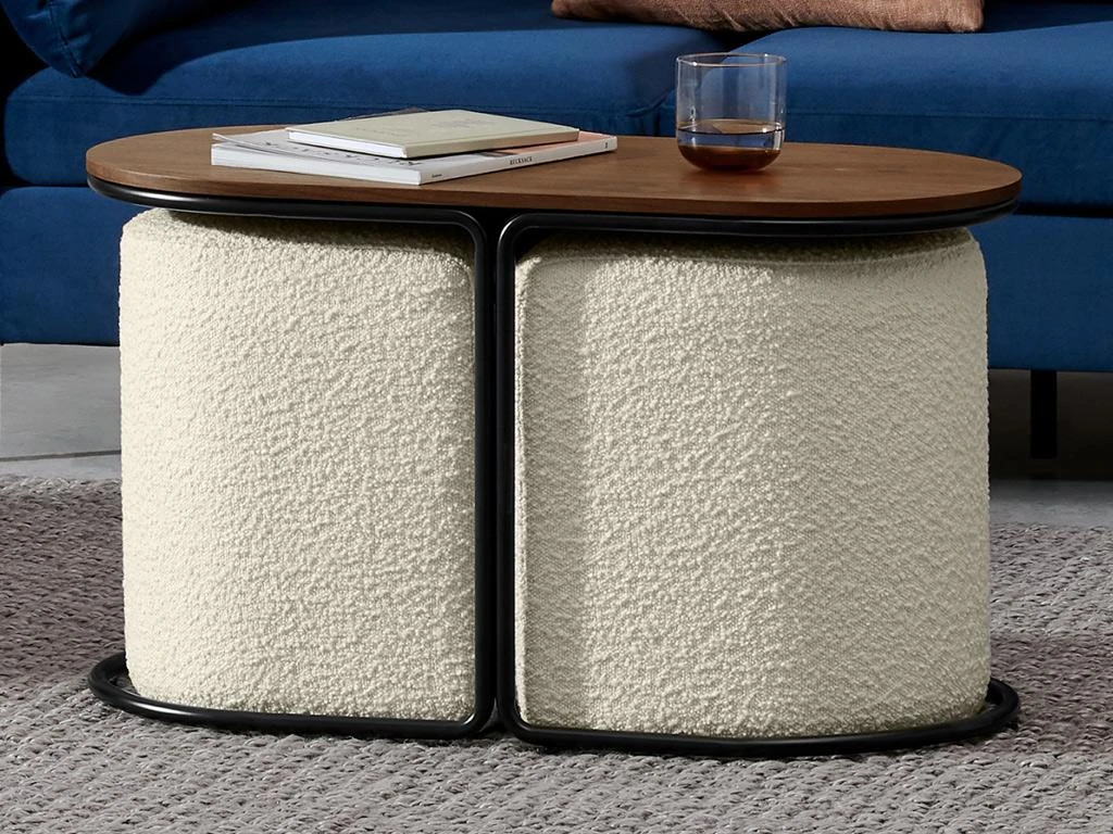 Table Basse + 2 Poufs En Tissu Bouclette - Naturel Et Blanc - ADAR 2 Table Basse + 2 Poufs En Tissu Bouclette - Naturel Et Blanc - ADAR – Image 2