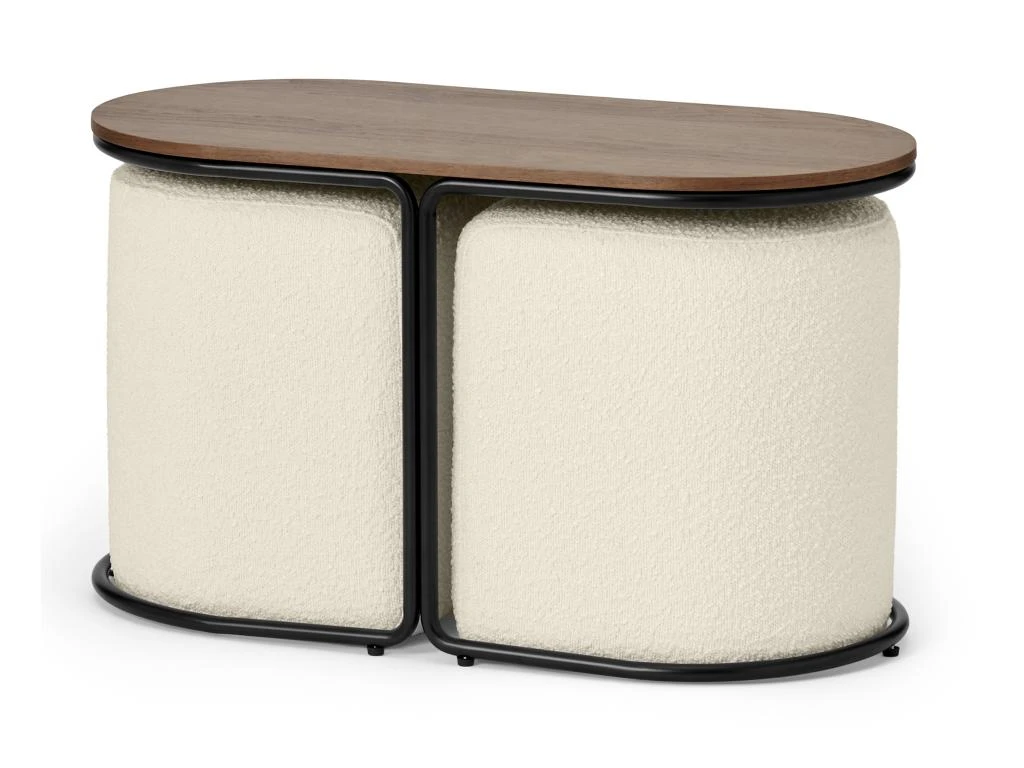 Table Basse + 2 Poufs En Tissu Bouclette - Naturel Et Blanc - ADAR 4 Table Basse + 2 Poufs En Tissu Bouclette - Naturel Et Blanc - ADAR – Image 4