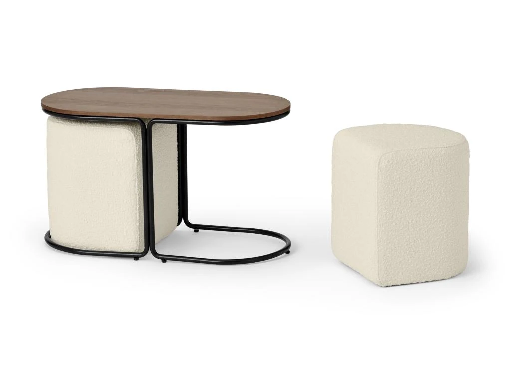 Table Basse + 2 Poufs En Tissu Bouclette - Naturel Et Blanc - ADAR 5 Table Basse + 2 Poufs En Tissu Bouclette - Naturel Et Blanc - ADAR – Image 5