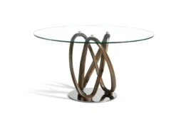 Table De Diner Pietement Courbé Noyer Massif Plateau Verre Trempé Et Piétement Acier