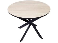 Table à Manger Ronde Fixe, 90x90x77cm, Capacité Jusqu'à 4 Personnes, Couleur Chêne Et Noir, Pieds Métalliques Couleur Noir Laqué Mat