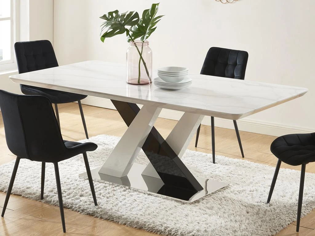Table à Manger 8 Couverts En MDF Et Acier Inoxydable - Effet Marbre Blanc Et Noir - EVAELA 2 Table à Manger 8 Couverts En MDF Et Acier Inoxydable - Effet Marbre Blanc Et Noir - EVAELA – Image 2