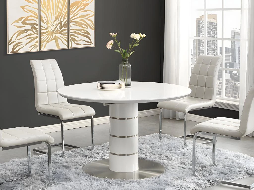 Table à Manger Extensible - 4 à 6 Couverts - MDF Et Métal Inoxydable - Blanc Laqué - CUSCO 1 Table à Manger Extensible - 4 à 6 Couverts - MDF Et Métal Inoxydable - Blanc Laqué - CUSCO