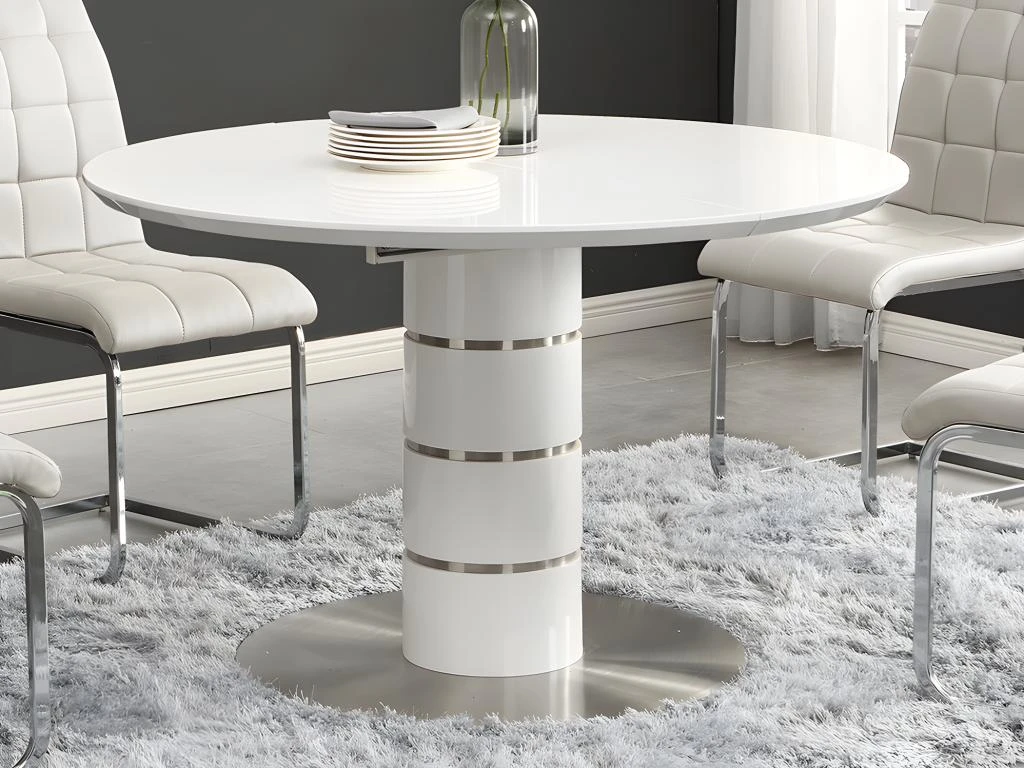 Table à Manger Extensible - 4 à 6 Couverts - MDF Et Métal Inoxydable - Blanc Laqué - CUSCO 2 Table à Manger Extensible - 4 à 6 Couverts - MDF Et Métal Inoxydable - Blanc Laqué - CUSCO – Image 2