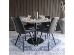 TYROL - Table Repas Ø110cm Plateau MDF Aspect Marbré Et Pied Métal Noir