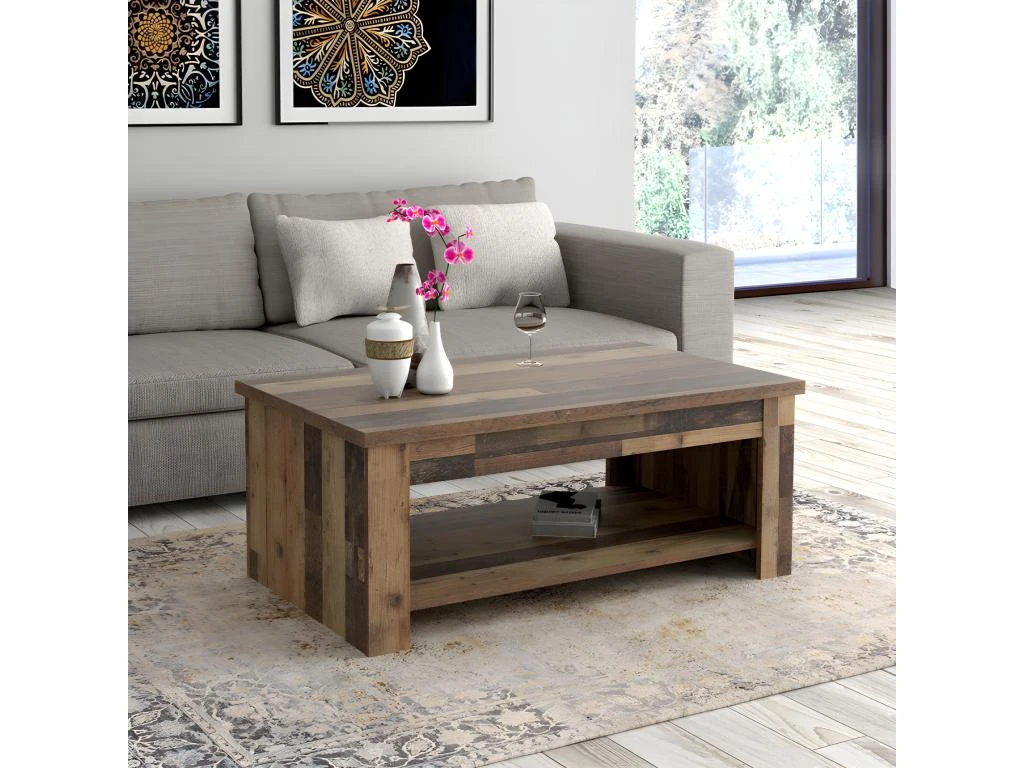 Table Basse Avec Plateau Relevable Effet Bois Vieilli - BUCK 2 Table Basse Avec Plateau Relevable Effet Bois Vieilli - BUCK – Image 2