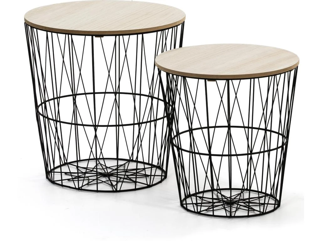 Set De 2 Tables Basses Guili,Plateau En Placage De Bois Naturel Et Structure En Métal 1 Set De 2 Tables Basses Guili,Plateau En Placage De Bois Naturel Et Structure En Métal