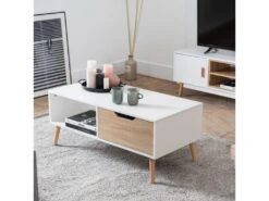 Table Basse Avec Tiroir Style Scandinave Blanche FREJA - HAPPY GARDEN