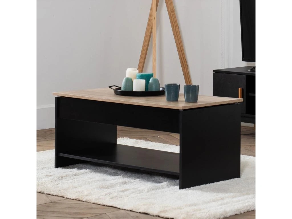 Table Basse Avec Plateau Relevable Noire Et Bois HEDDA - HAPPY GARDEN 1 Table Basse Avec Plateau Relevable Noire Et Bois HEDDA - HAPPY GARDEN