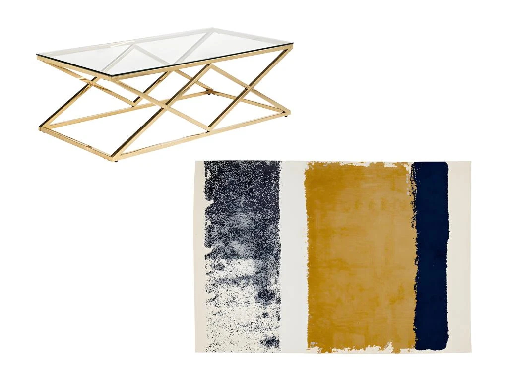 Ensemble Table Basse Dorée CHARLOTTE Et Tapis Bleu, Moutarde Et Gris CAMDEN 2 Ensemble Table Basse Dorée CHARLOTTE Et Tapis Bleu, Moutarde Et Gris CAMDEN – Image 2