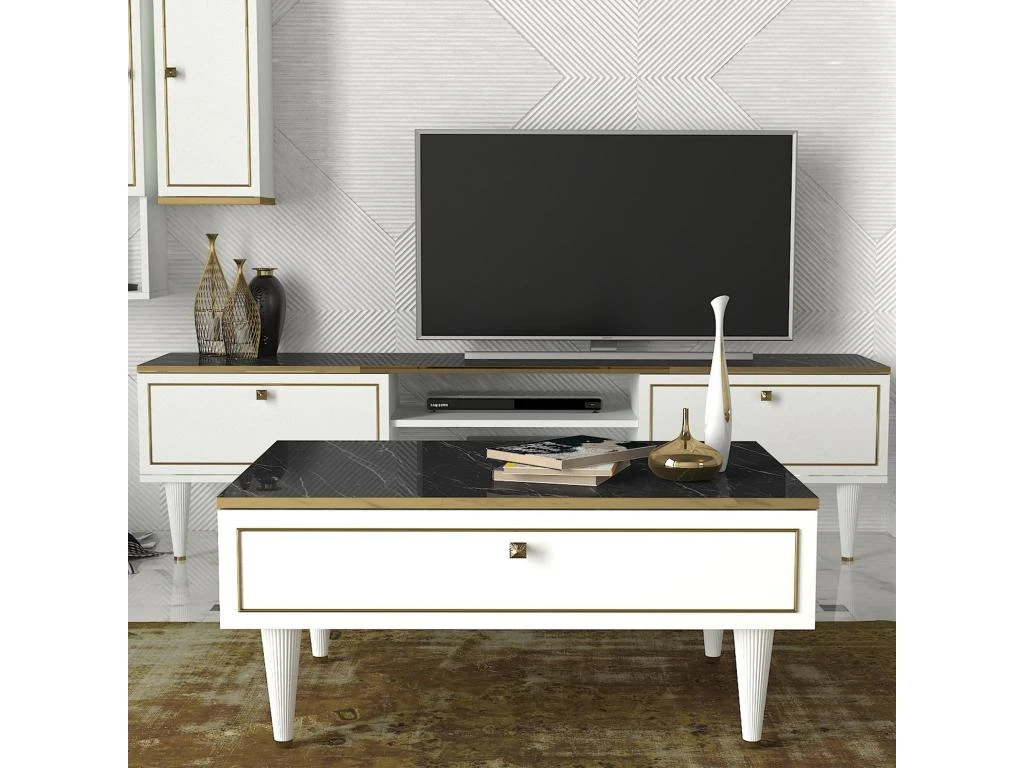 Table D’appoint Tamesis Design Panneau De Particules Plaqué Mélaminé En Couleur Blanc Or Noir. 90x60x42,3cm 3 Table D’appoint Tamesis Design Panneau De Particules Plaqué Mélaminé En Couleur Blanc Or Noir. 90x60x42,3cm – Image 3