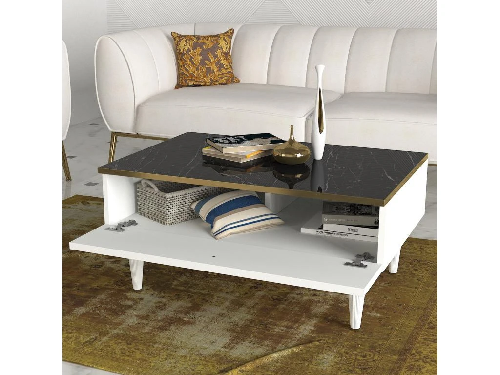 Table D’appoint Tamesis Design Panneau De Particules Plaqué Mélaminé En Couleur Blanc Or Noir. 90x60x42,3cm 4 Table D’appoint Tamesis Design Panneau De Particules Plaqué Mélaminé En Couleur Blanc Or Noir. 90x60x42,3cm – Image 4