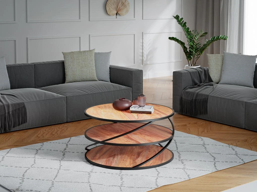 Table Basse Triple Plateau - Bois De Sheesham Et Métal - Naturel Et Noir - CATALENA 1 Table Basse Triple Plateau - Bois De Sheesham Et Métal - Naturel Et Noir - CATALENA