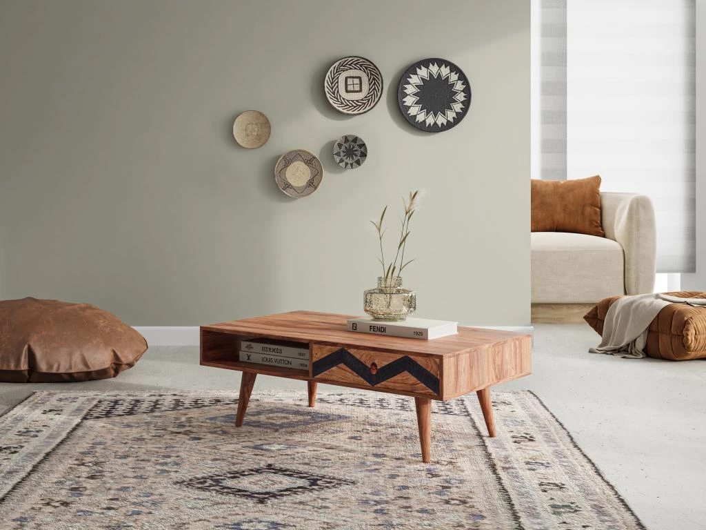 Table Basse Avec 1 Tiroir Et 1 Niche - Bois De Sheesham - Naturel Et Noir - PALONI 1 Table Basse Avec 1 Tiroir Et 1 Niche - Bois De Sheesham - Naturel Et Noir - PALONI