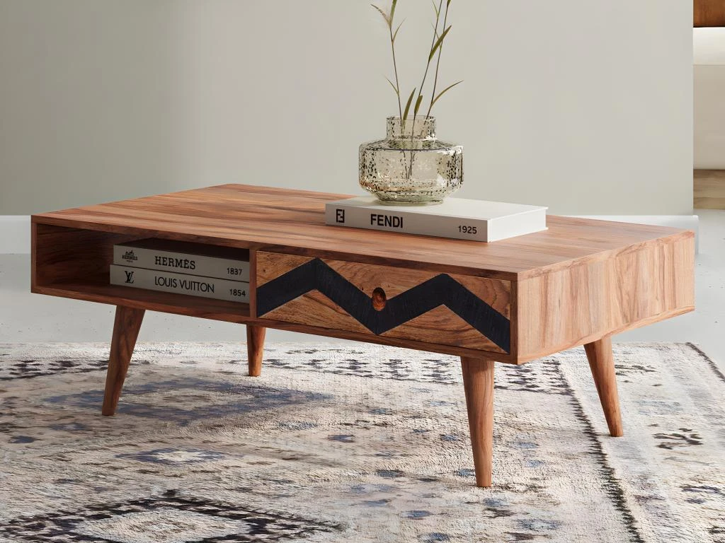 Table Basse Avec 1 Tiroir Et 1 Niche - Bois De Sheesham - Naturel Et Noir - PALONI 2 Table Basse Avec 1 Tiroir Et 1 Niche - Bois De Sheesham - Naturel Et Noir - PALONI – Image 2