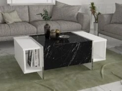 Table Basse Avec 1 Porte Et 2 Niches - Effet Marbre Noir, Blanc Et Chromé - CADEBA