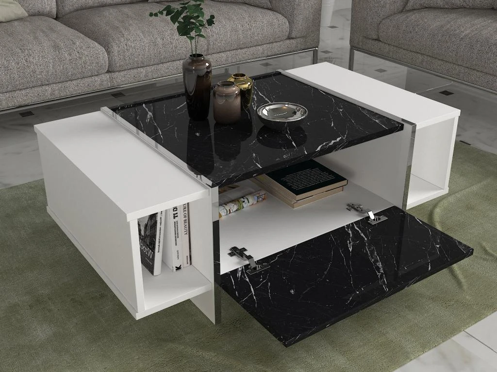 Table Basse Avec 1 Porte Et 2 Niches - Effet Marbre Noir, Blanc Et Chromé - CADEBA 4 Table Basse Avec 1 Porte Et 2 Niches - Effet Marbre Noir, Blanc Et Chromé - CADEBA – Image 4