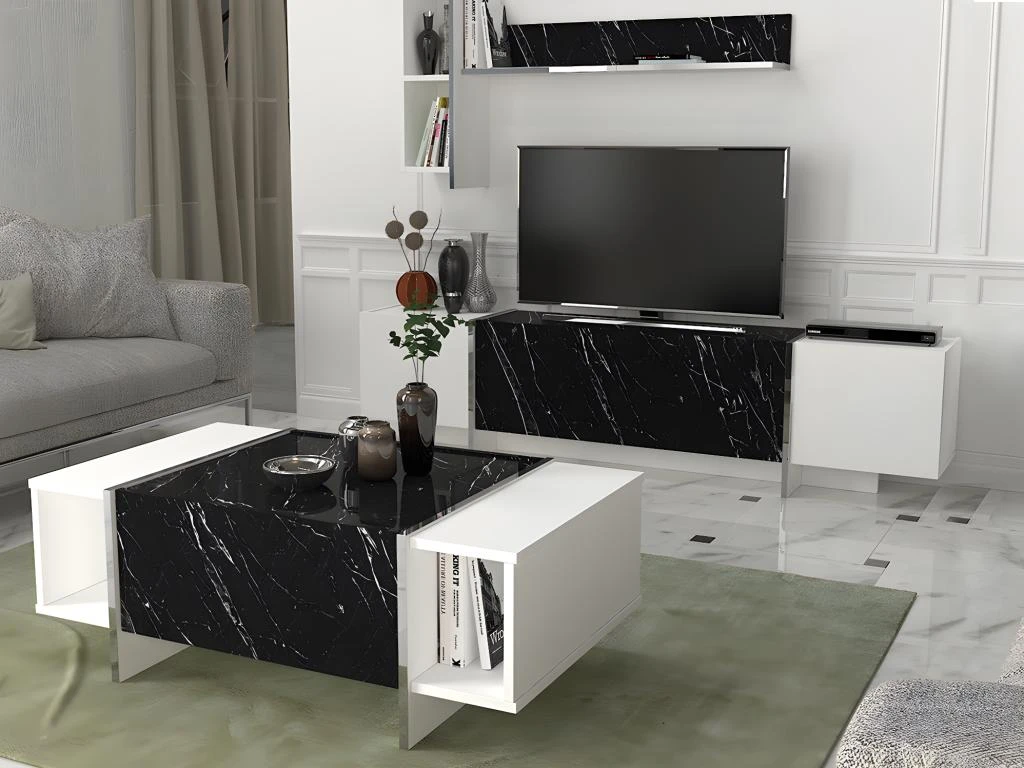 Table Basse Avec 1 Porte Et 2 Niches - Effet Marbre Noir, Blanc Et Chromé - CADEBA 2 Table Basse Avec 1 Porte Et 2 Niches - Effet Marbre Noir, Blanc Et Chromé - CADEBA – Image 2