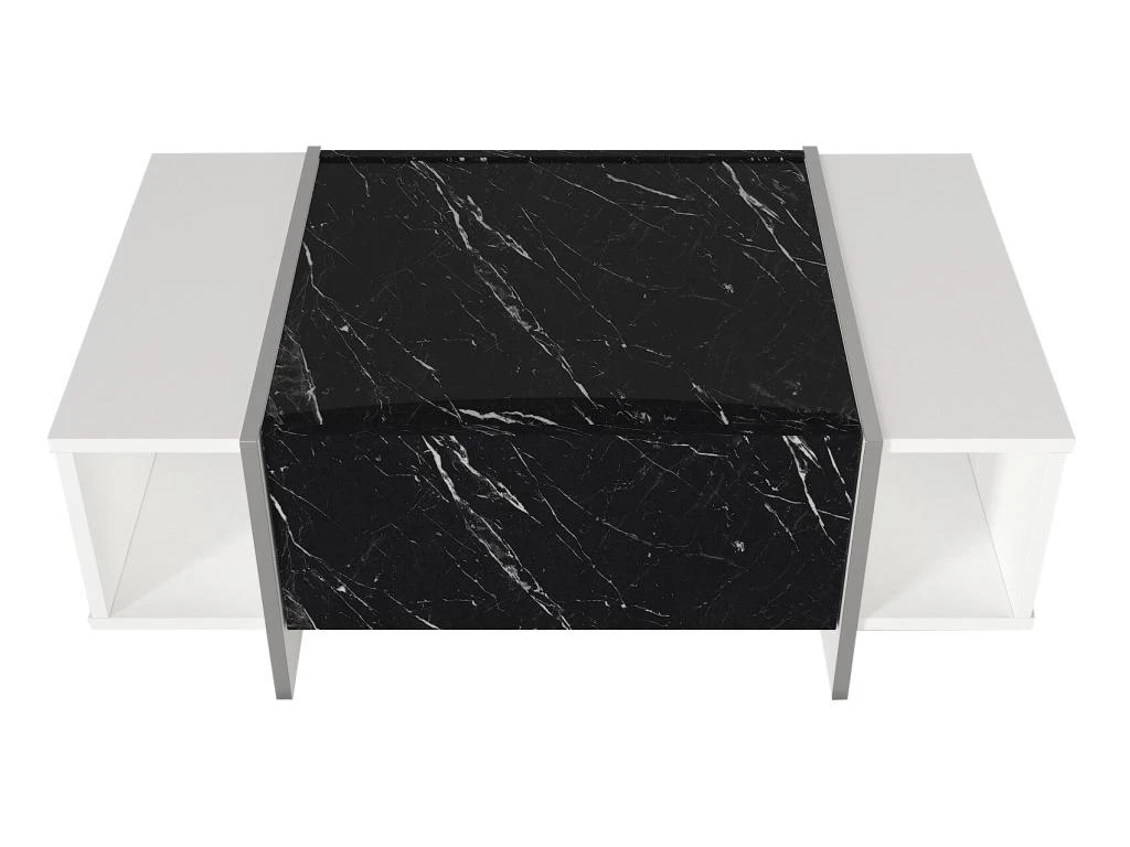 Table Basse Avec 1 Porte Et 2 Niches - Effet Marbre Noir, Blanc Et Chromé - CADEBA 7 Table Basse Avec 1 Porte Et 2 Niches - Effet Marbre Noir, Blanc Et Chromé - CADEBA – Image 7
