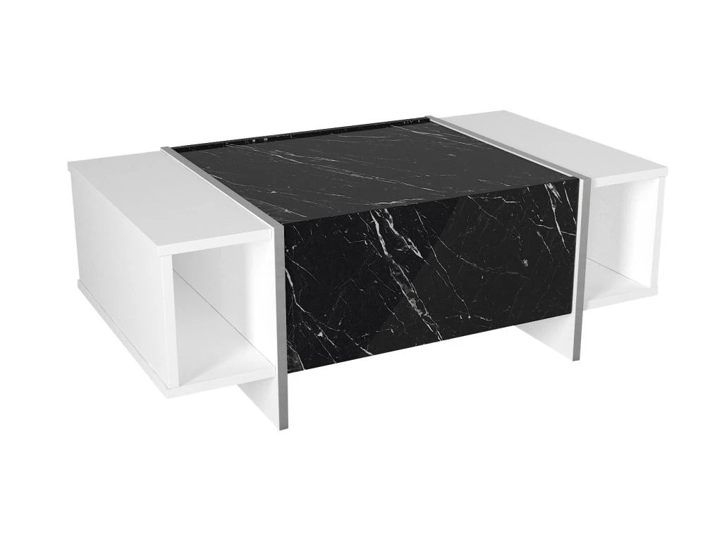 Table Basse Avec 1 Porte Et 2 Niches - Effet Marbre Noir, Blanc Et Chromé - CADEBA 5 Table Basse Avec 1 Porte Et 2 Niches - Effet Marbre Noir, Blanc Et Chromé - CADEBA – Image 5