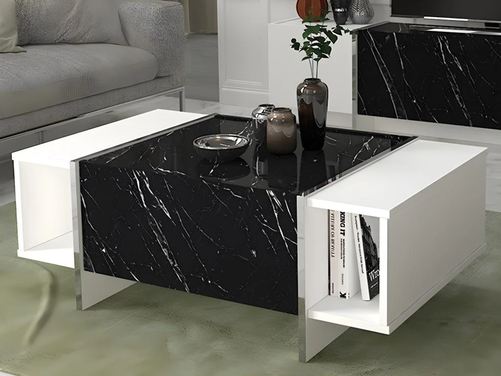 Table Basse Avec 1 Porte Et 2 Niches - Effet Marbre Noir, Blanc Et Chromé - CADEBA 3 Table Basse Avec 1 Porte Et 2 Niches - Effet Marbre Noir, Blanc Et Chromé - CADEBA – Image 3