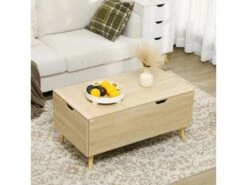 Table Basse Relevable Design Scandinave - Tiroir, Coffre Interne - Acier Piètement Bois Pin Panneaux Aspect Chêne Clair -Deco.fr Soldes Boutique table basse 13532221