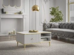 Table Basse Avec 1 Tiroir Et 2 Niches En MDF Et Acier - Blanc Et Doré - SINEAD De Pascal MORABITO