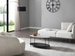 Table Basse Double Plateau En Céramique Et Bois D'hévéa - Effet Marbre Blanc Et Noir - FUDILA