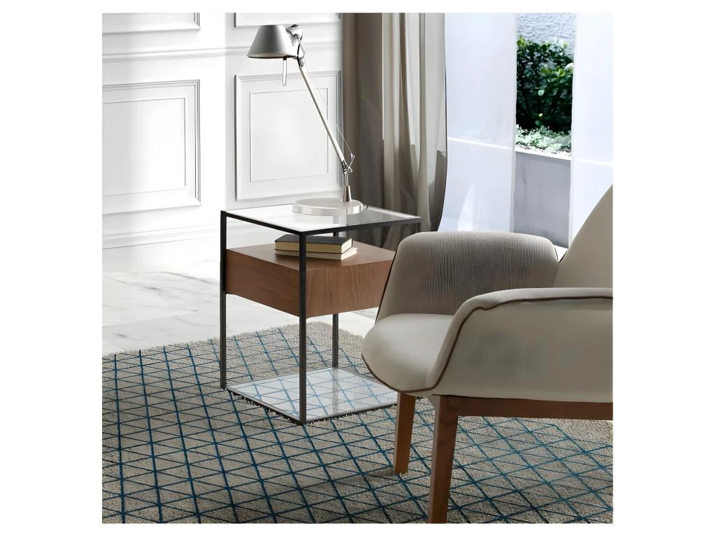 Table D'appoint 1 Tiroir Métal/Verre/Noyer - LIVER 3 Table D'appoint 1 Tiroir Métal/Verre/Noyer - LIVER – Image 3