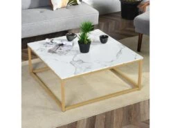 URBAN MEUBLE Table Basse Carré Imitation Marbre Structure Acier Doré 80*80*34CM