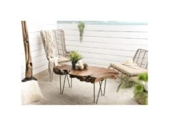 LALY - Table Basse Marron Forme Naturelle Bois Teck Pieds épingles Scandi Métal Noir