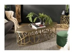 JONAS - Table Basse Ovale 150x60cm Aluminium Doré Piètement Graphique