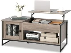 Table Basse Relevable Avec 1 Compartiment Ouvert Et Placard Ă 2 Portes,104x52,5x44,5cm