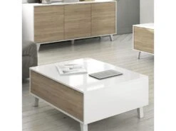 Table Basse Relevable Blanc Brillant/ChĂȘne Clair - STOCKTON - L 100 X L 68 X H 41 Cm