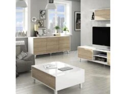 Table Basse Relevable Blanc Brillant/Chêne Clair - STOCKTON - L 100 X L 68 X H 41 Cm -Deco.fr Soldes Boutique table basse 19724119