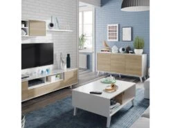 Table Basse Relevable Blanc Brillant/Chêne Clair - STOCKTON - L 100 X L 68 X H 41 Cm -Deco.fr Soldes Boutique table basse 19724121