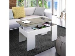 Table Basse Relevable Blanc/ChĂȘne - ARTICA - L 100 X L 50 X H 45/56 Cm