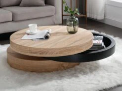 Table Basse Pivotante Ronde Avec 1 Niche En MDF - Noir Et Naturel Clair - JANITA -Deco.fr Soldes Boutique table basse 20257303