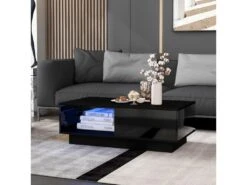 Table Basse Avec LED Et Tiroir Pour Salon - Style Contemporain - Noir
