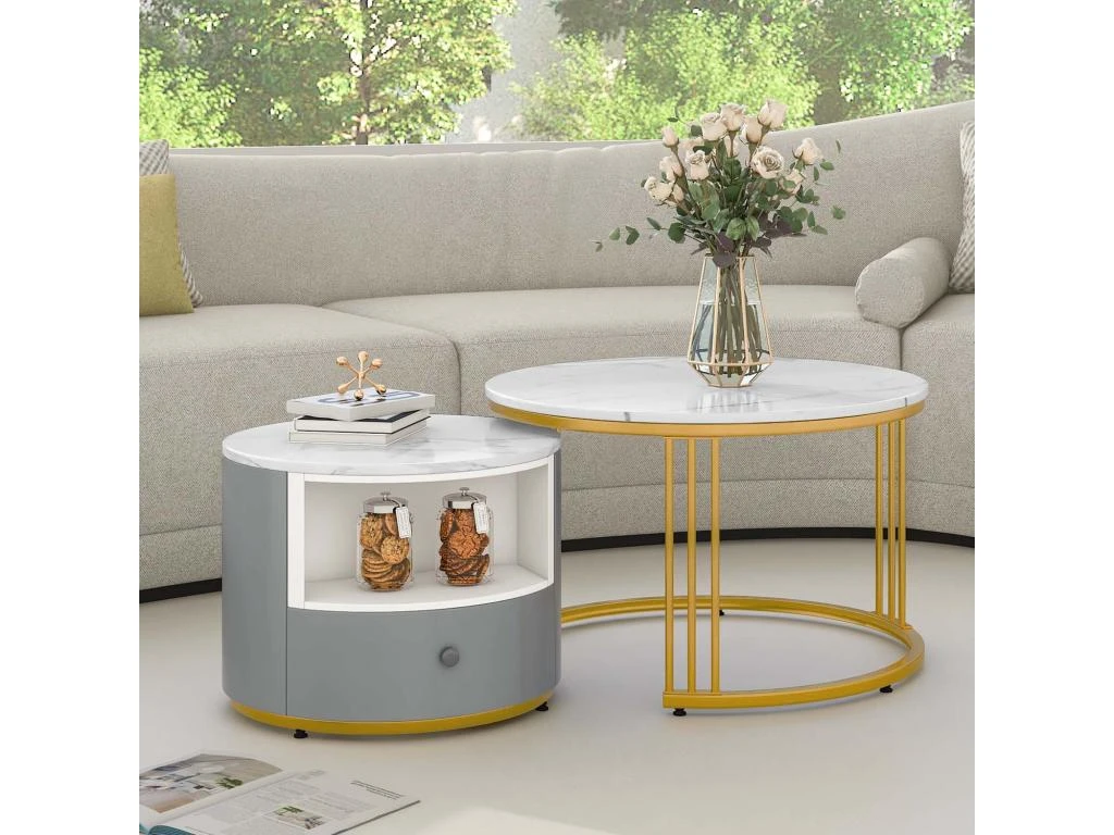 Lot De 2 Tables Gigognes Avec 1 Tiroir - Cadre En Métal Doré - Motif Marbre - Blanc & Gris 1 Lot De 2 Tables Gigognes Avec 1 Tiroir - Cadre En Métal Doré - Motif Marbre - Blanc & Gris