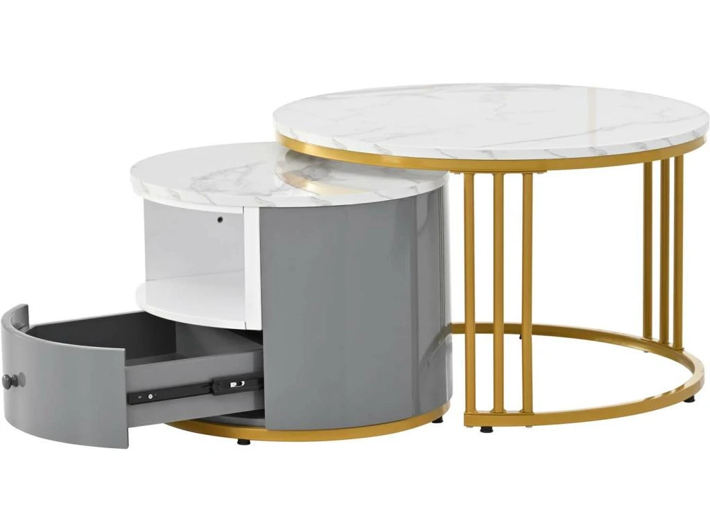 Lot De 2 Tables Gigognes Avec 1 Tiroir - Cadre En Métal Doré - Motif Marbre - Blanc & Gris 2 Lot De 2 Tables Gigognes Avec 1 Tiroir - Cadre En Métal Doré - Motif Marbre - Blanc & Gris – Image 2
