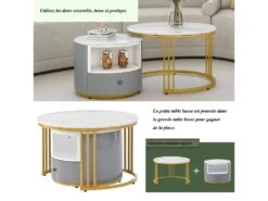 Lot De 2 Tables Gigognes Avec 1 Tiroir - Cadre En Métal Doré - Motif Marbre - Blanc & Gris 8 Lot De 2 Tables Gigognes Avec 1 Tiroir - Cadre En Métal Doré - Motif Marbre - Blanc & Gris -Deco.fr Soldes Boutique table basse 21134617